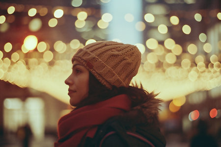 A girl in a warm hat and scarf walks through the city.の素材