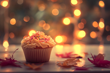 Cupcake with colorful sprinkles on bokeh lights backgroundの素材