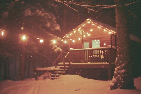 Winter night in the village. Wooden house in the winter forest.の素材