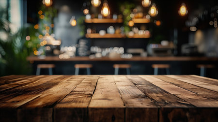 Empty wooden table and blurred background of cafe or restaurant. For product displayの素材