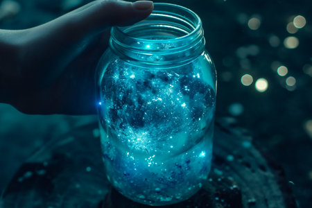 Woman's hand holds glass jar with blue galaxy inside. Abstract backgroundの素材