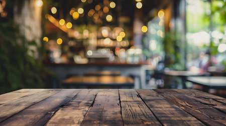 Empty wood table and Coffee shop blur background with bokeh image.の素材