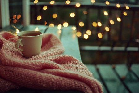 Cup of hot tea wrapped in a warm pink scarf on the terrace of a cozy houseの素材