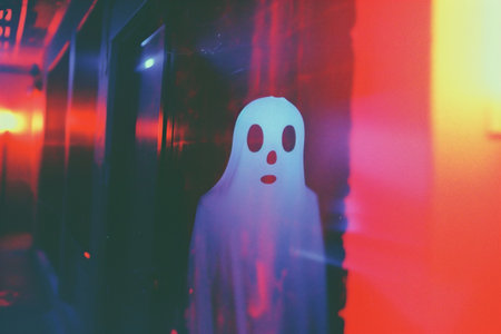 Halloween ghost in halloween party with red light and blur backgroundの素材