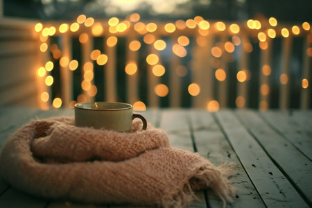 Cup of coffee wrapped in a warm knitted scarf on a wooden terrace in the eveningの素材