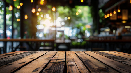 Empty wood table and Coffee shop blur background with bokeh image.の素材