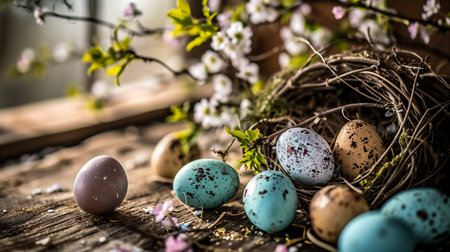 Easter eggs in the nest and spring flowers on a wooden backgroundの素材