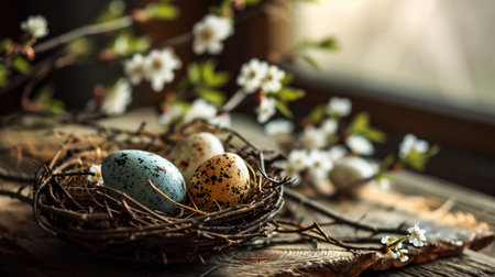 Easter eggs in a nest on a rustic wooden background.の素材