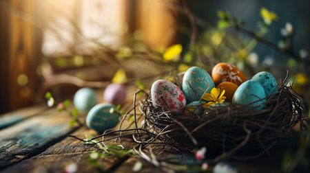 Colorful Easter eggs in a nest on a rustic wooden backgroundの素材