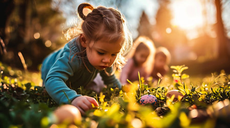 Little girl playing with easter eggs in the garden on a sunny dayの素材