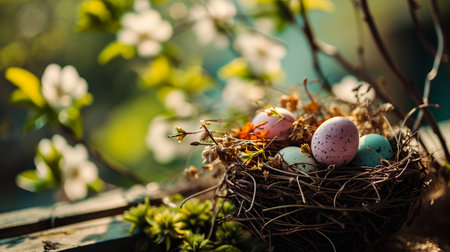Easter eggs in a nest on a background of spring flowers.の素材