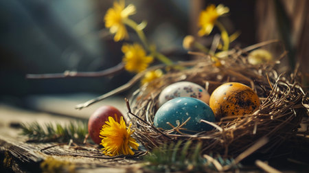 Easter eggs in a nest with daffodils on a wooden backgroundの素材
