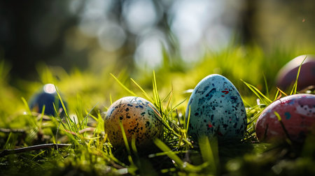 Easter eggs in the grass, shallow depth of field, selective focusの素材