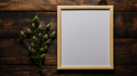 Blank photo frame mockup with wild flowers on wooden background.の素材
