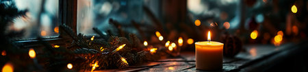 Burning candle on the background of Christmas decorations. New Year conceptの素材