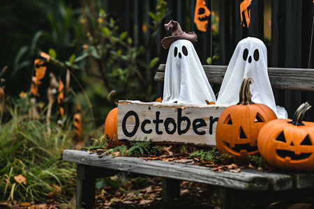 Halloween decorations on wooden bench with copy space. Happy Halloween concept.の素材