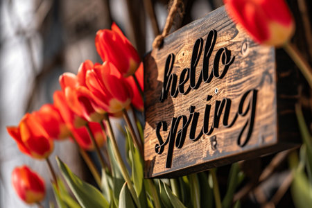 Hello Spring sign with red tulips in front of a wooden doorの素材