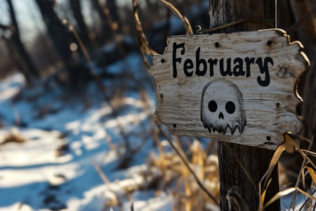 Wooden sign with the word Februaryの素材