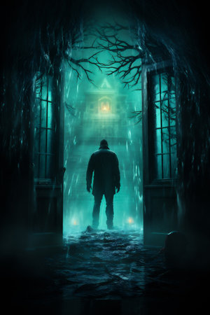 Man standing in front of haunted house with fog and light. Halloween conceptの素材