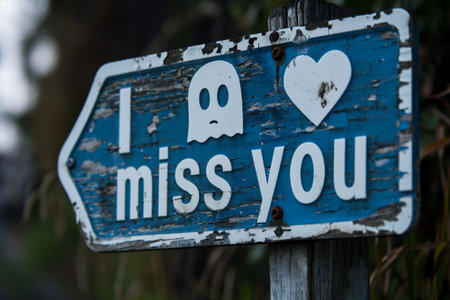 I miss you sign on a wooden post with a heart in itの素材