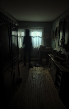 A silhouette of a woman standing in a dark room and looking through the windowの素材