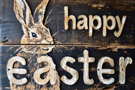 Happy easter sign on old wooden background. Easter greeting card.の素材