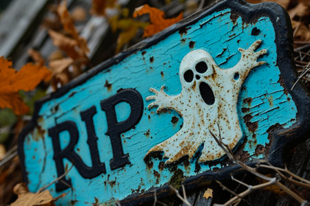 Halloween spooky sign with skull and ghost on old wooden backgroundの素材