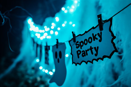 Halloween background with ghost and lights. Holiday concept.の素材