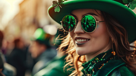 St. Patrick's Day. Close-up portrait of a beautiful young woman in green leprechaun hat and sunglasses on the street.の素材