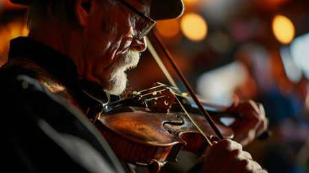 Close-up of a senior man playing a violin in a music studioの素材
