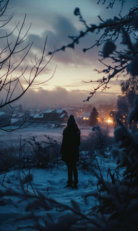 A girl in a dark coat stands in the winter forest and looks at the sunsetの素材