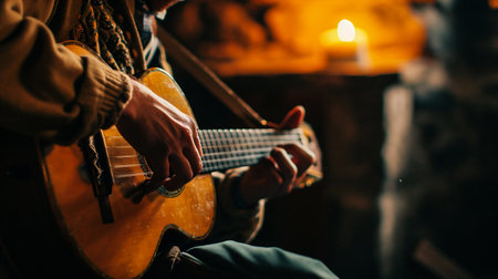 Man playing acoustic guitar in a dark room. Selective focus.の素材
