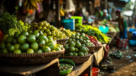Local people selling fruits and vegetables at the marketの素材
