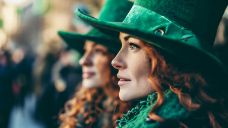close up portrait of a young woman in leprechaun hatの素材