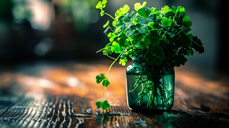 Green clover in a vase on a wooden table. St.Patrick's Dayの素材
