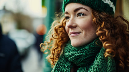 Portrait of a beautiful young woman with curly red hair in a green knitted hat and scarf.の素材