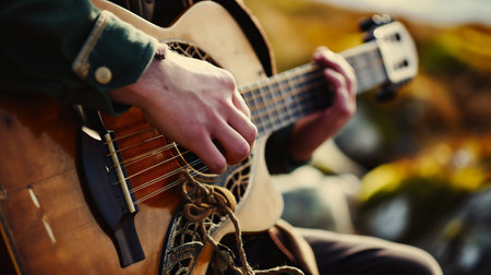 Man playing the guitar on a rock music festival. Close-up.の素材