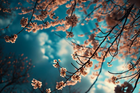 cherry blossom in springtime on blue sky background - vintage effectの素材