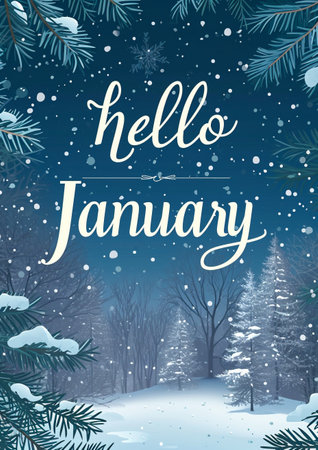 Hello January lettering on winter forest background. Vector illustration EPS10の素材
