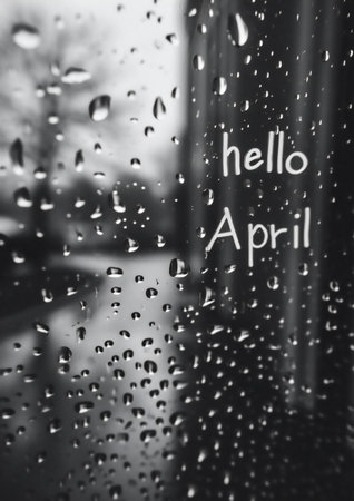 Water drops on the window with the words Hello April in black and whiteの素材