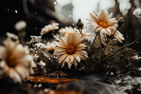 Daisy flowers with water drops in the rain, vintage tone.の素材