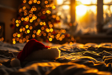 Santa Claus hat on the bed with Christmas tree and bokeh backgroundの素材