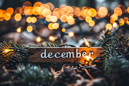 Wooden sign with the word December in spruce branches, cones and burning candles.の素材