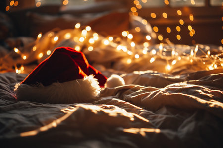 Santa Claus hat on bed with christmas lights bokeh backgroundの素材