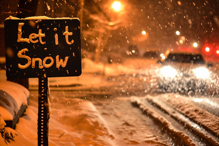Let it snow sign on a snowy road at night with cars on the roadの素材