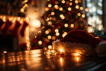 Santa hat on wooden table with Christmas tree and bokeh backgroundの素材