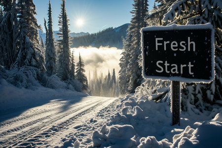 Foggy winter road sign with the inscription fresh start in the mountainsの素材