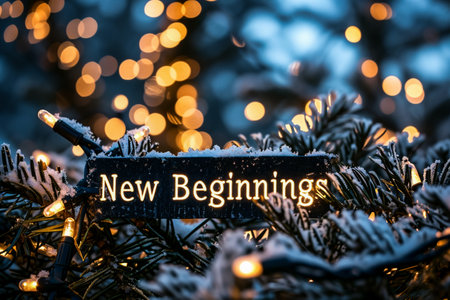 New year greeting card with christmas tree and bokeh lightsの素材