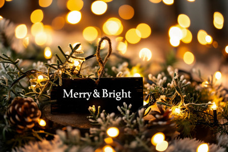 Merry Christmas and Happy Holidays greeting card. Christmas decorations, bokeh background.の素材