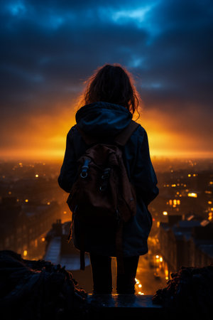 Silhouette of a girl in a raincoat with a backpack on the background of the night cityの素材
